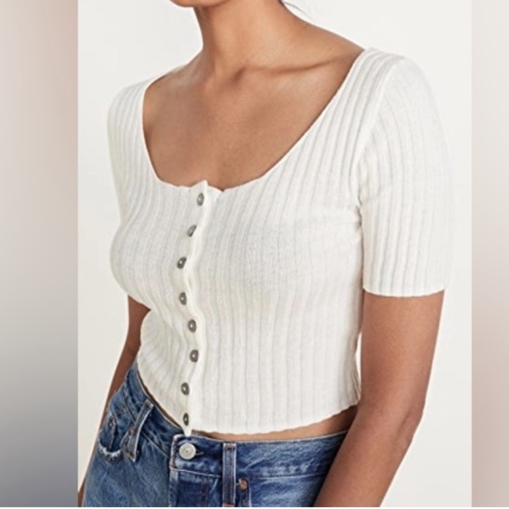 Free People White Ribbed Button-Up Cardigan